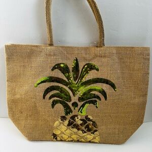 Jute Bon Voyage Beach Sequin Pineapple Beach Travel Tote Bag Vacation  Tan NWT